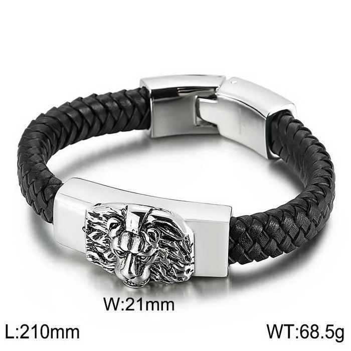 KALEN Fashion Mens Bracelets Stainless Steel Cowhide Leather Lion Head Bracelet Bangle