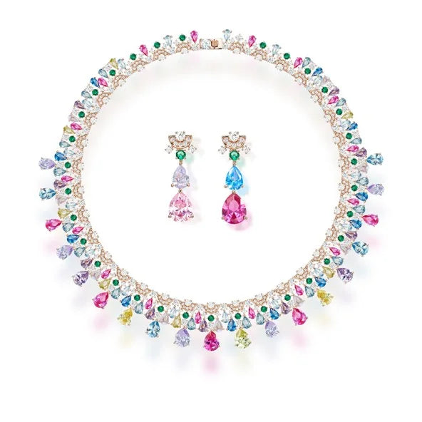 Retro Luxury Women's Fashionable rainbow Jewelry Necklace Earring Set Brass Cubic Zirconia Luxury Dinner Pairing