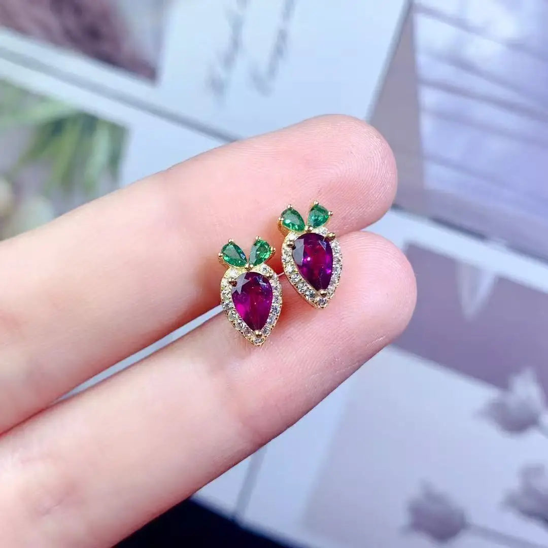 925  Silver Radish Jewelry Set, Gold-plated Natural Garnet Earring Necklace Set, Suitable for Children's and Women's Jewelry