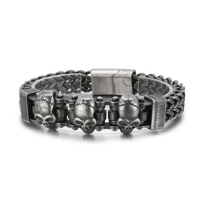 KALEN 220mm Punk Triple Skull Charms Stainless Steel Herringbone Chain Bracelets for Men