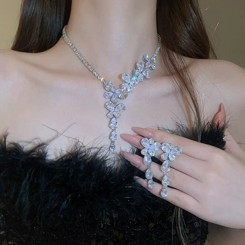 XM S362 Silver Plated Princess Cut Zircon Floral Choker Necklace & Teardrop Pendant Bridal Set