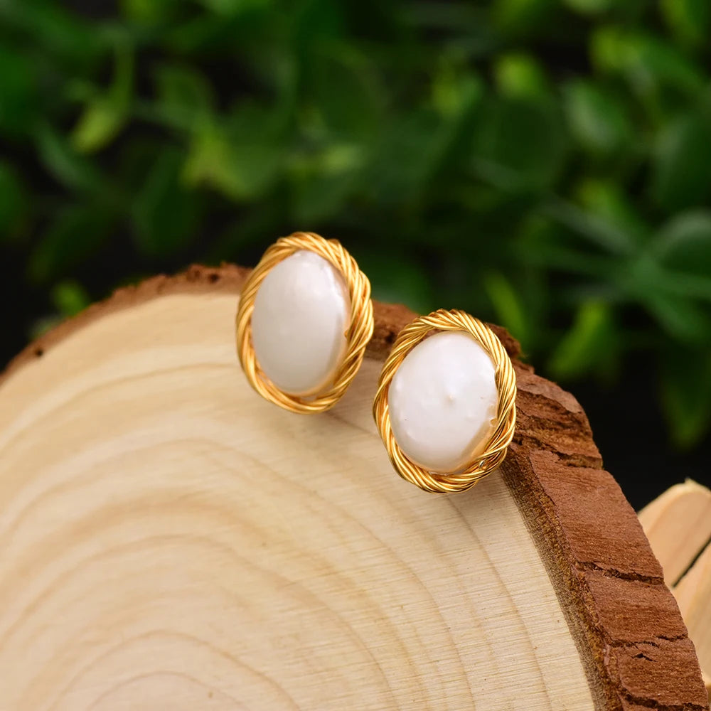 Natural Freshwater Pearls Metal Stud Earrings  Geometric Irregular  for Women Girl Gift Pearl Earrings Fashion Jewelry