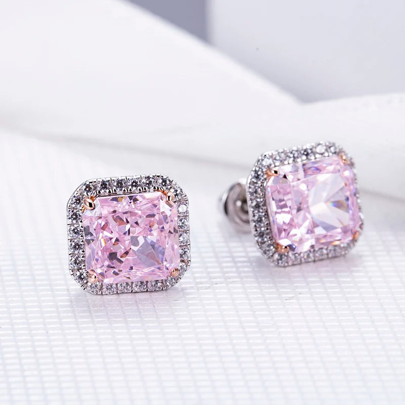 Messi Jewelry MSE-601  Silver 4CT Pink High Carbon Cubic Zircon Radiant Cut Fine Jewelry Earrings for Dating or Wedding