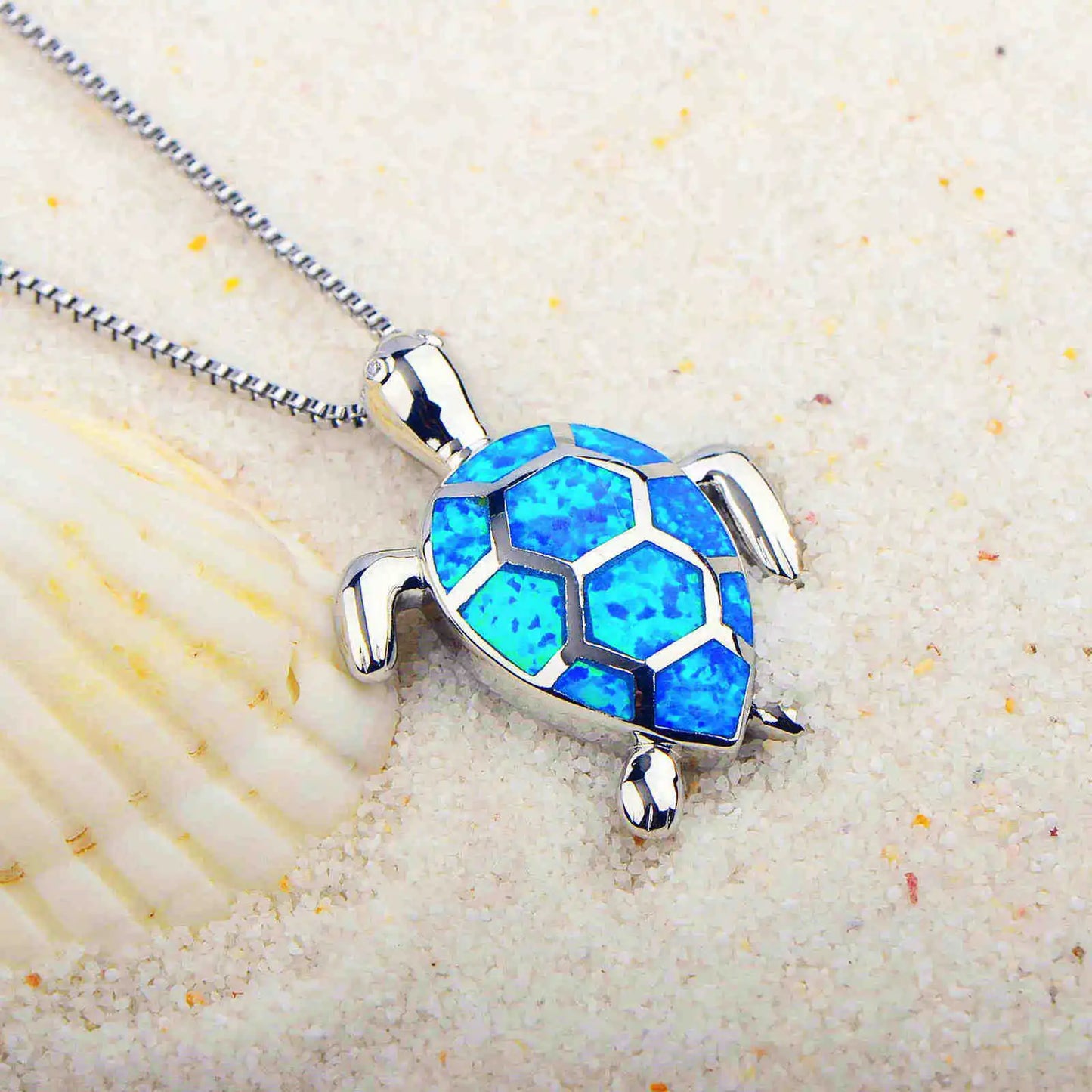 European American Style Christian Blue Opal Turtle Pendant Lariat Necklace Copper Silver Plated Animal Box Chain Minimalist