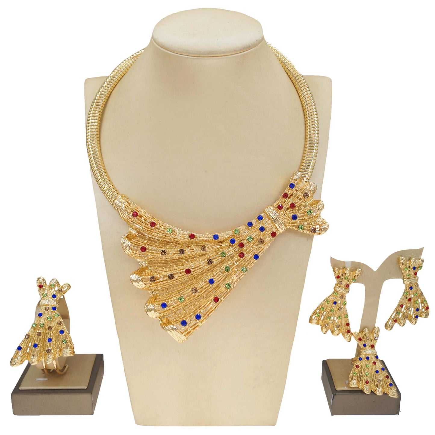 Zhuerrui Hot Selling Diamond Set High Quality Jewelry Set Brass Gold Plated Bow Earrings Dubai Wedding Jewelry Four SetsH00771
