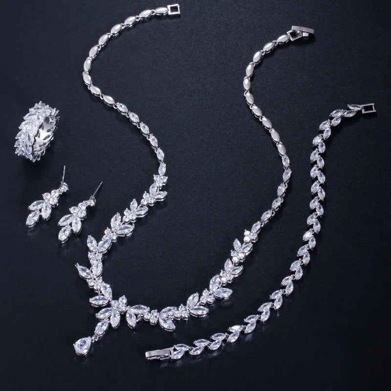4pcs Delicate Leaf Shaped Cubic Zircon Dubai Fine Jewelry Sets Drop Earrings Necklace Bracelet Ring Women Luxury Bridal Wedding