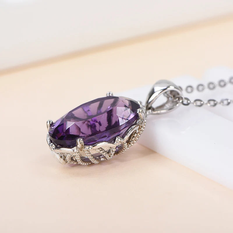 Gioiellieri Natural Amethyst Oval Cut Claw Setting Rhodium Plated 925 Sterling Silver Luxury Customized Women's Solitaire Pendant Necklace