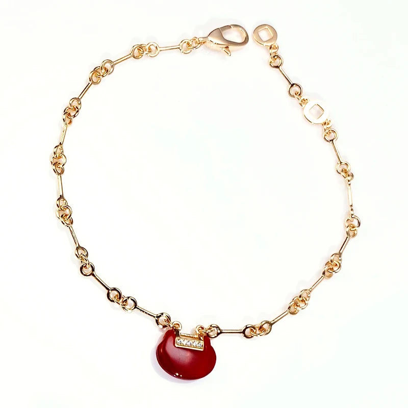 China Ruyi Lock Necklace Bracelet Women's Fashion Jewelry Retro Light Luxury Brass Material Red Agate Manufacturer Direct Sales