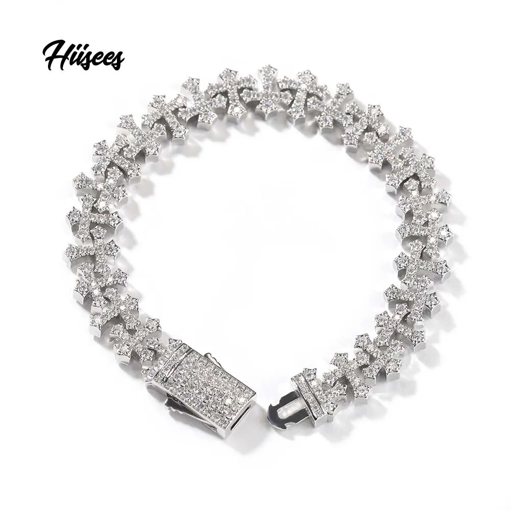 Iced Out Hip Hop Copper Full CZ Micro Paved Cross Chain Bracelet 11.5mm Cross Bracelet for Men Women Men Daily Wear