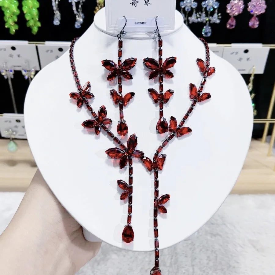 K069 Top Quality European Fashion Luxury Exquisite Pink Zircon Butterfly Necklace and Earrings Set Women Elegant Jewelry Set