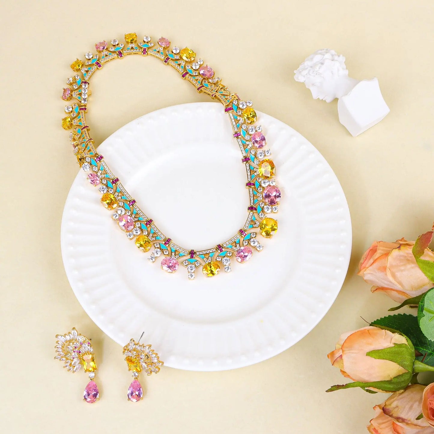 Luxury Flower Zirconia Choker Necklace & Earrings Set — Purple & Yellow