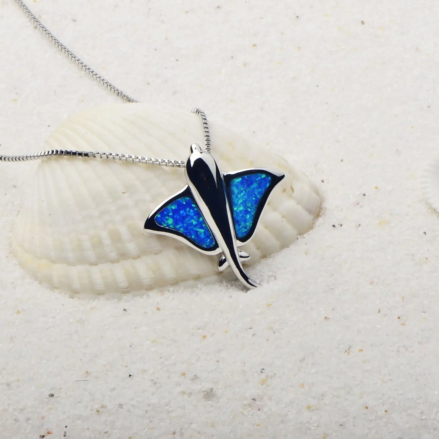 Opal Christian Batfish Necklace for Women Romantic Brass Link Chain Sweater with Blue Hexagonal Star Pendant