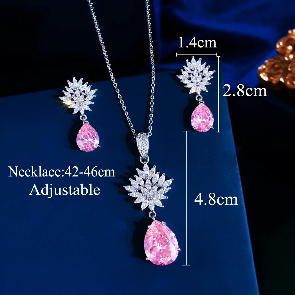 Gorgeous Pear Cut Cubic Zirconia Necklace and Earrings Engagement Pink Pendant Jewelry Set for Women Dairy Wear Accessories