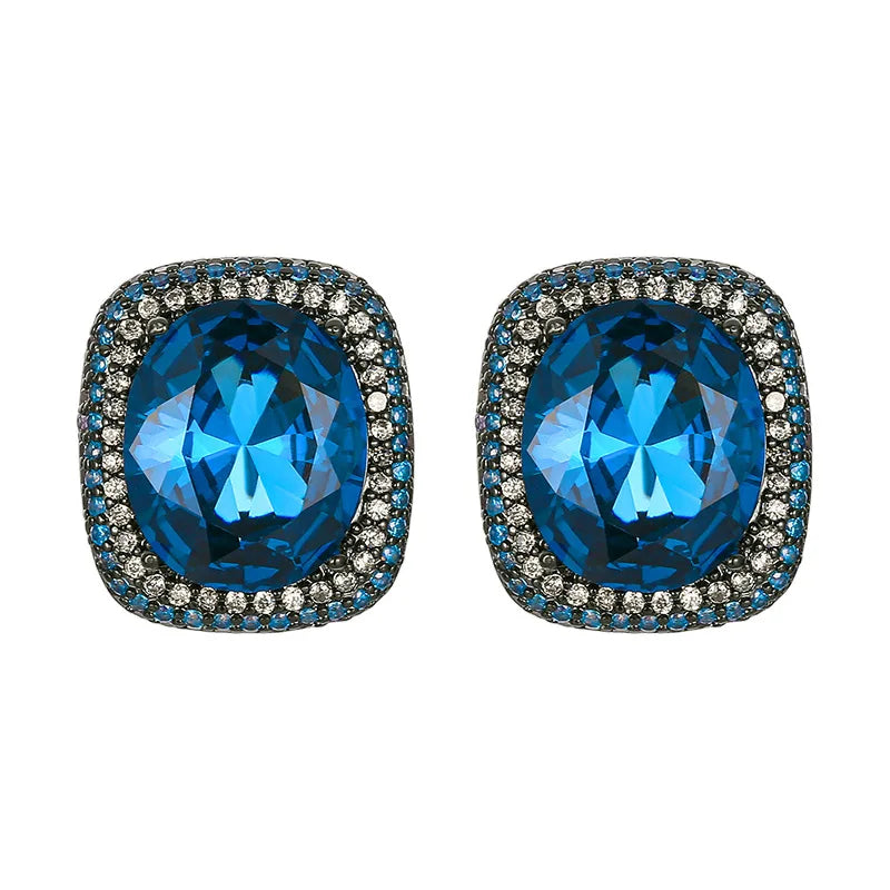Gemfiori Luxury Vintage Gothic Royal Blue Sapphire Jewelry Set Black Gold Plated Cushion Cut Blue Gem Halo Pendant Necklace Earrings Ring