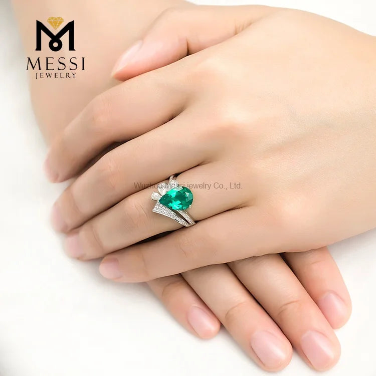 Gemfiori Messi Jewelry Big Stone Ring Green Emerald Luxury Woman Ring Bohemia Style Wedding Engagement Ring in Gold