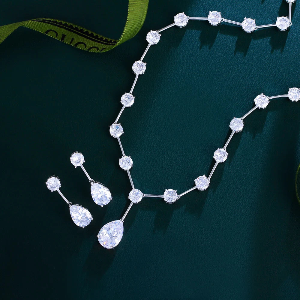 Sparkling White Cubic Zirconia Crystal Necklace and Earrings Big Chunky Water Drop Bridal Jewelry Set for Women Wedding