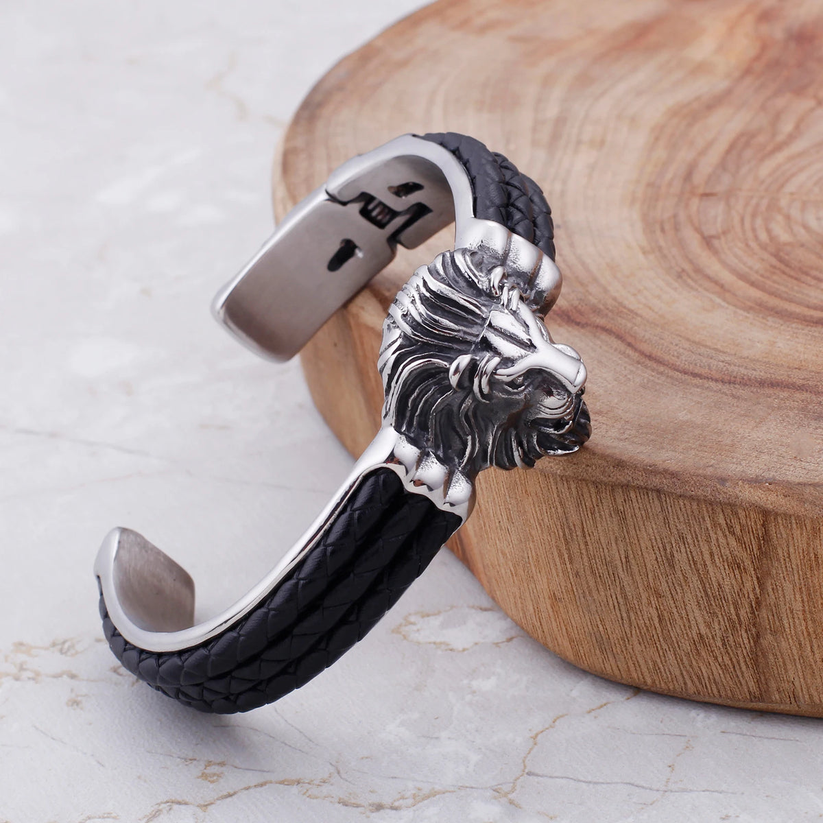 VIKING Mens Punk Lion Head Bangle – Silver Stainless Steel
