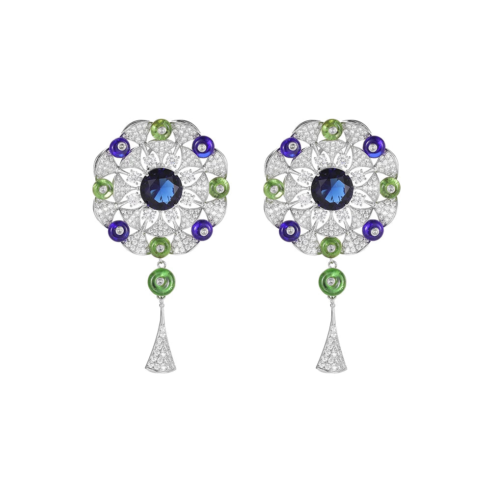 High End Pendant Blue-green Round Bead Long Necklace  Earring Set Brass Zirconia Wholesale  Factory Direct Sales