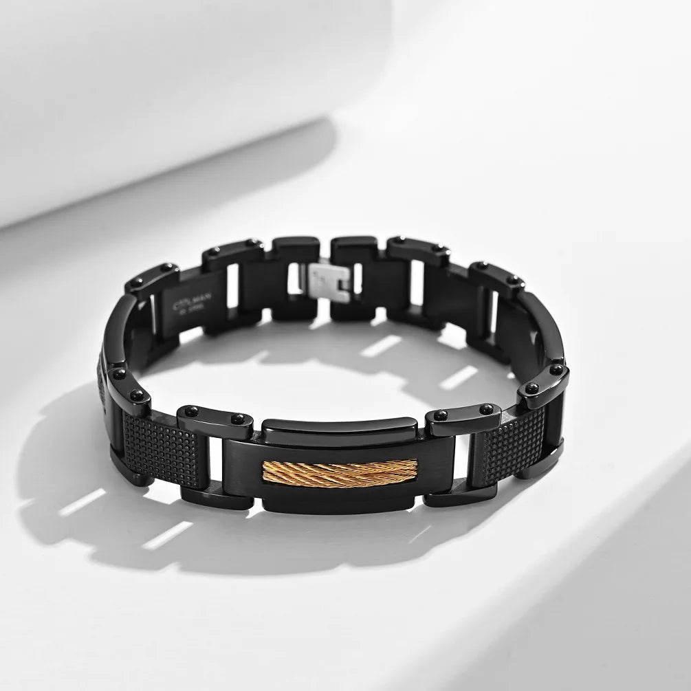 REBEL Men's Stainless Steel Black Zinc Plated Two-Tone Geometric Chain & Link Bracelet for Anniversary