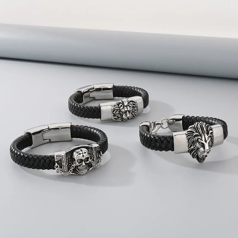KALEN Fashion Mens Bracelets Stainless Steel Cowhide Leather Lion Head Bracelet Bangle