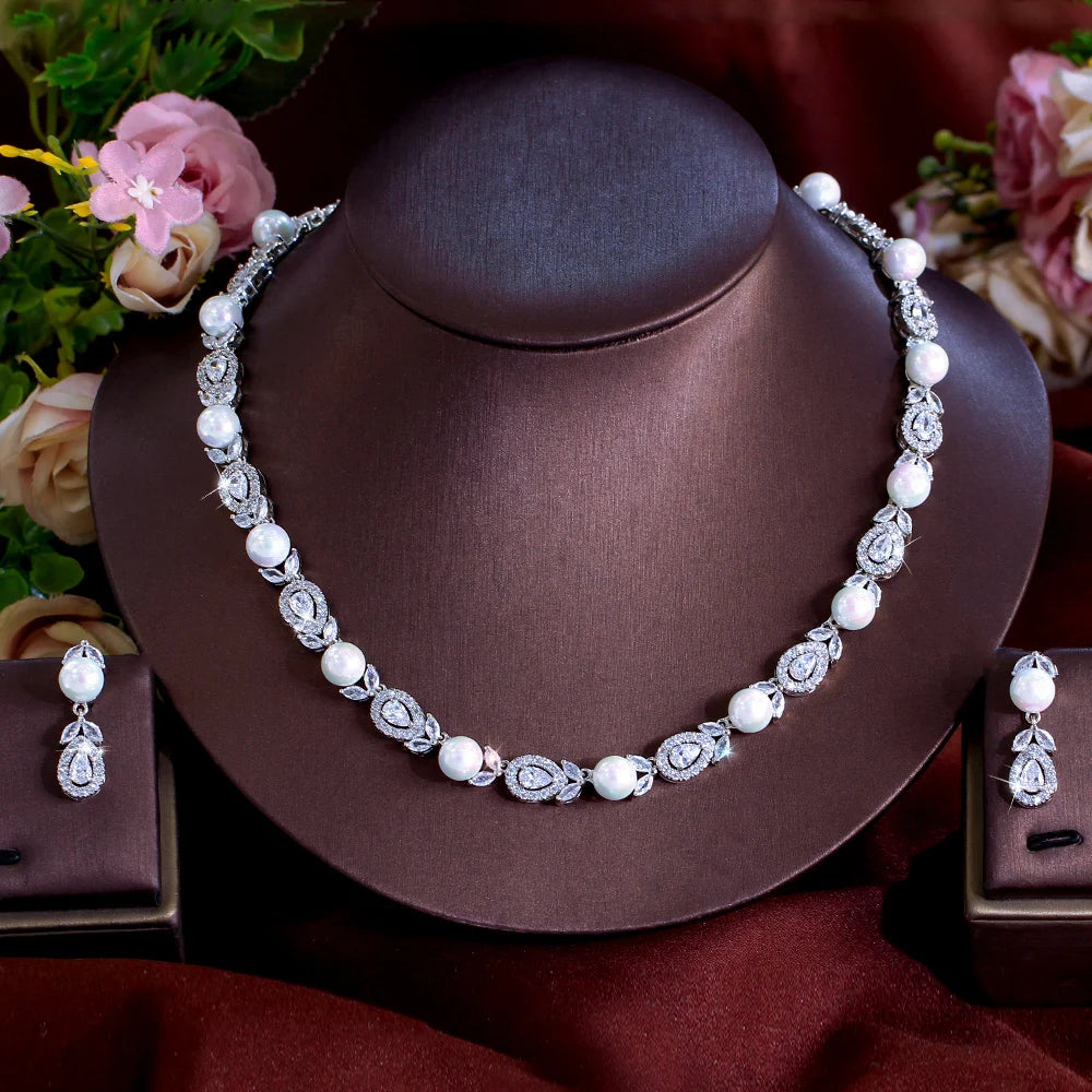 Dainty Leaf Shape Necklace and Earrings Cubic Zircon Imitation Pearl Bridal Jewelry Set for Women Wedding Gifts