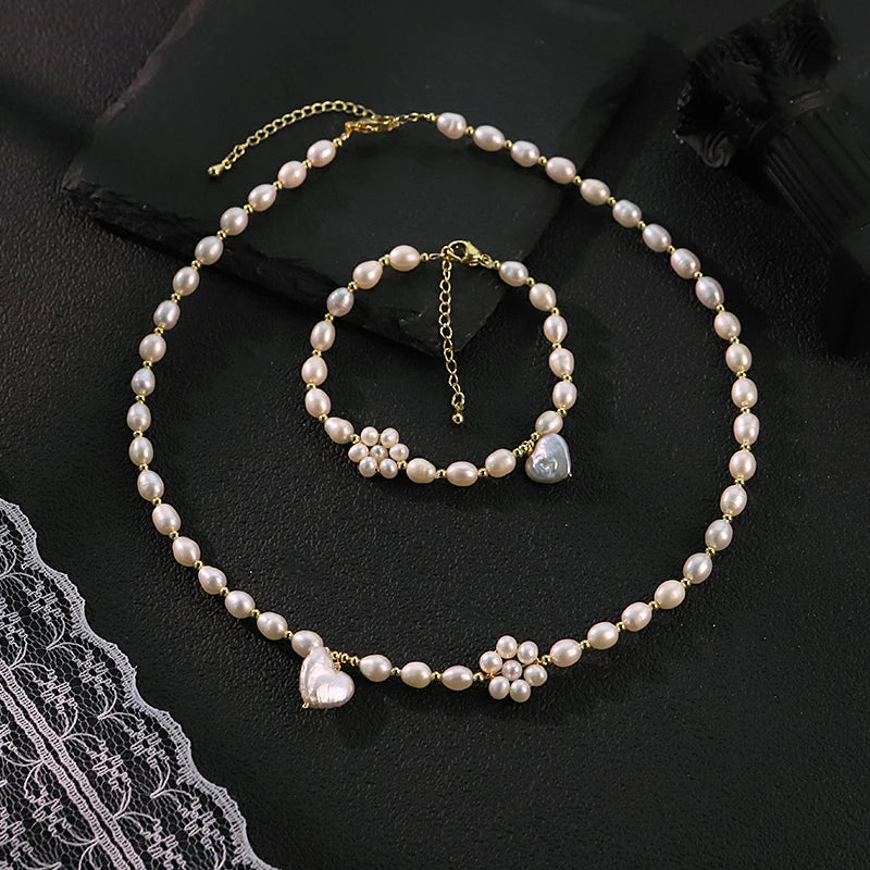 GLSEEVO Natural Freshwater Pearl Heart Flower Jewelry Set for Wedding Bridal White Pearl Necklace Bracelet Set Fashion Jewelry