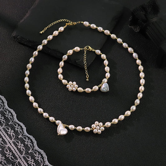 GLSEEVO Natural Freshwater Pearl Heart Flower Jewelry Set for Wedding Bridal White Pearl Necklace Bracelet Set Fashion Jewelry