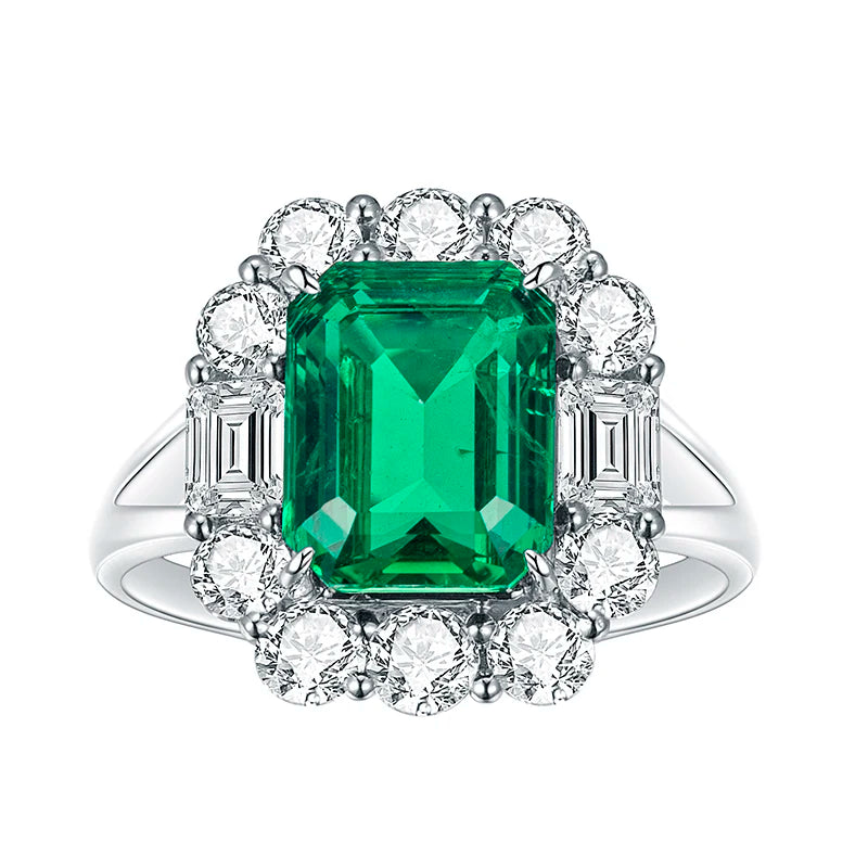 Gemfiori Messi Jewelry MSR-756 18k Gold halo Women Dainty Gold Jewelry 3ct Emerald Cut Lab Grown Emerald and Lab Diamond Ring