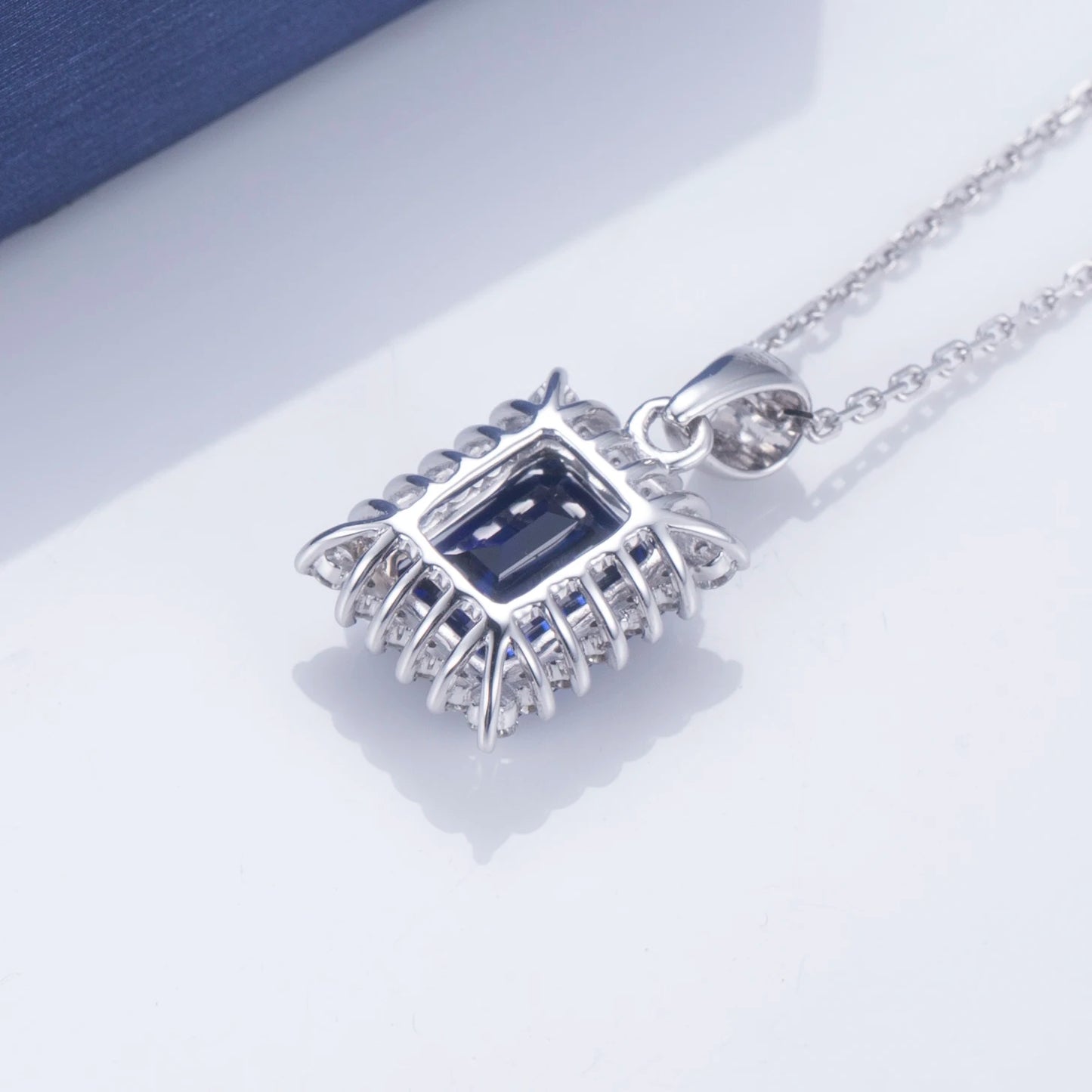 Messi Jewelry  18k White Gold Emerald Cut Royal Blue Lab Grown Sapphire Pendant Necklace
