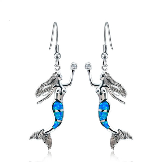 Enchanted Mermaid Opal Drop Earrings - Blue Fire Opal Tail & CZ Accent Design | Fairy-Tale Ocean Jewelry Bulk Gifts