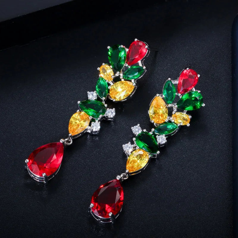 Designer Multicolor Green Red Yellow Cubic Zircon Leaf Flower Dangle Water Drop Long Earrings for Ladies Wedding Party Jewelry
