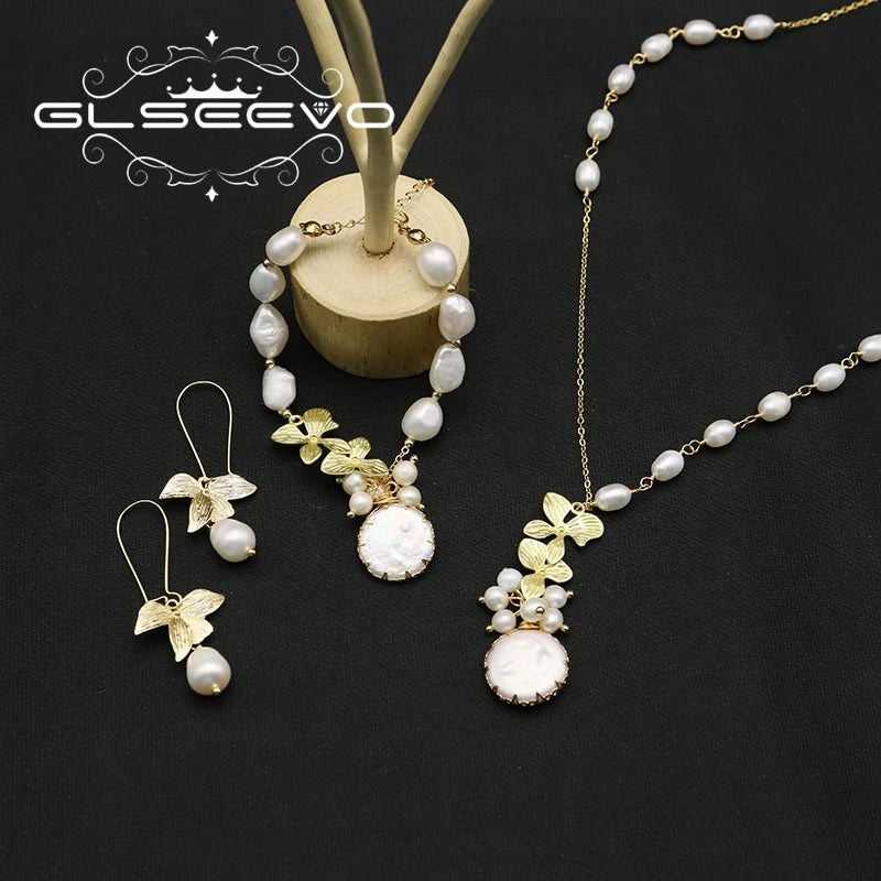GLSEEVO Natural Freshwater Baroque Pearl & Gold Flower Leaves Jewellery Set — Necklace, Earrings & Bracelet