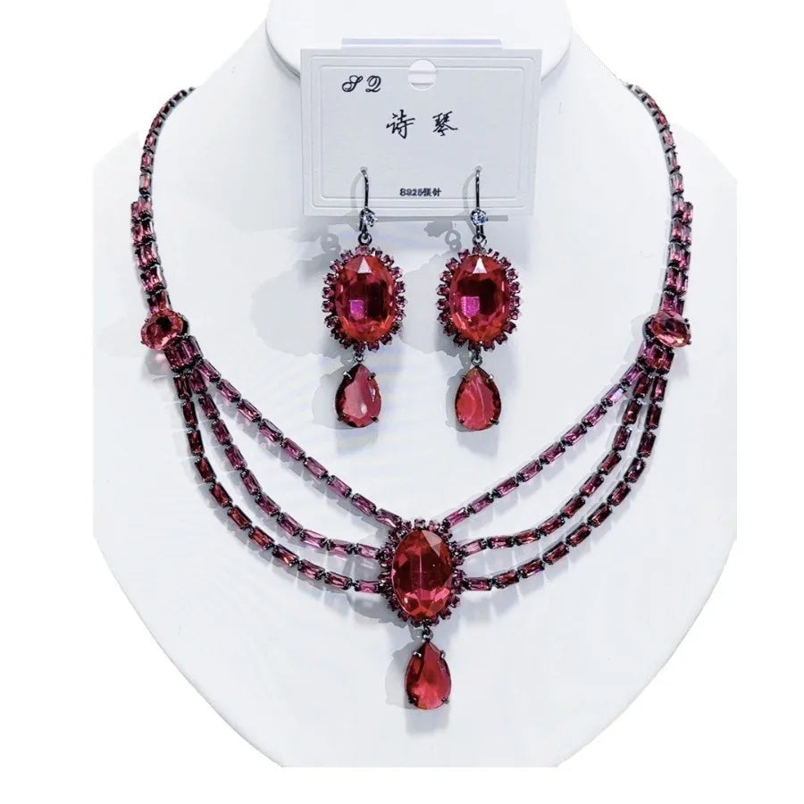 K086 High End Women Exquisite Luxurious Geometric Red Zircon Bridal Necklace Earrings Set Wedding Elegant Jewelry Set
