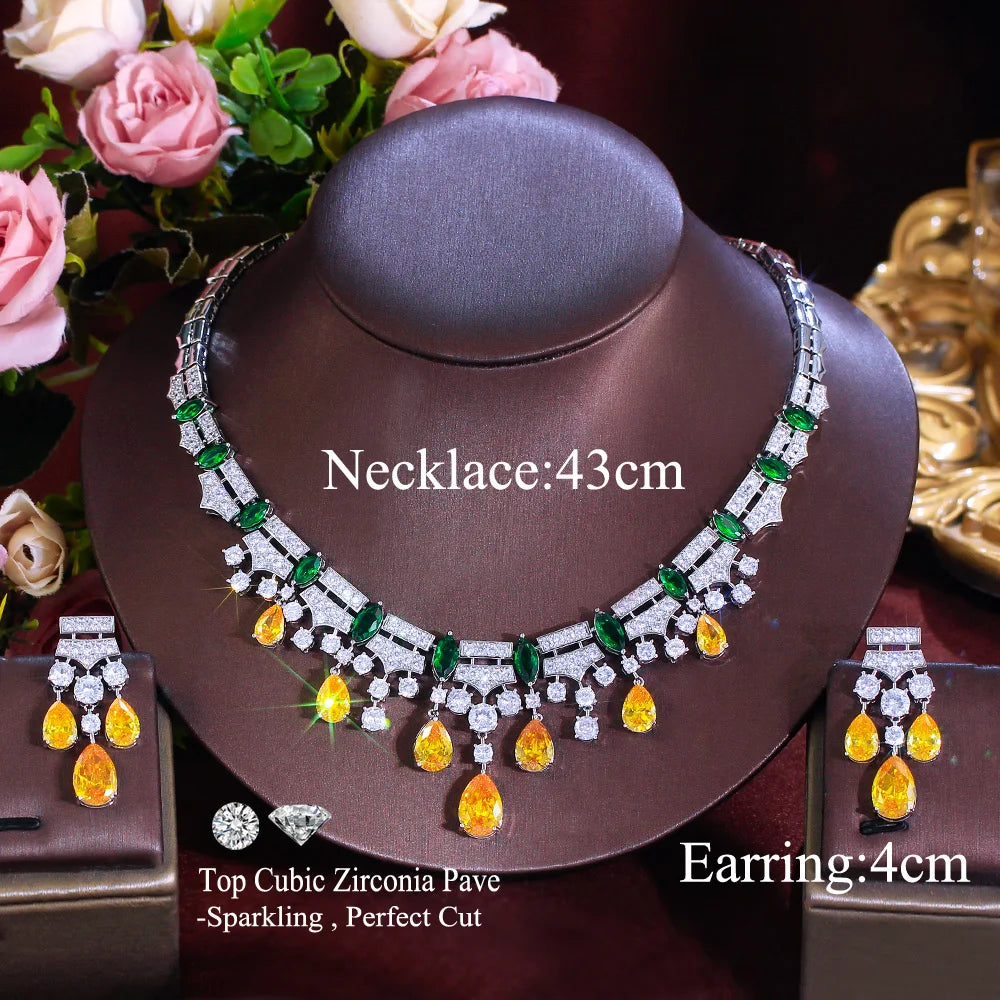 Glamorous Yellow Cubic Zirconia Dangle Water Drop Wedding Party Bridal Necklace Pageant Jewelry Sets for Women