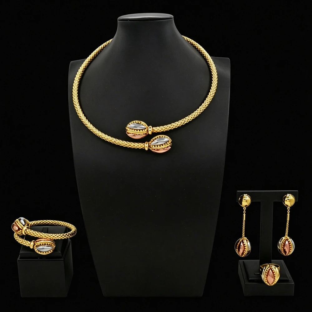Zhuerrui Braided Gold Plated 4Pcs Jewelry Set Necklace Bangle Earrings Ring With Two Tone Inlaid Stone for Wedding Party HS26008
