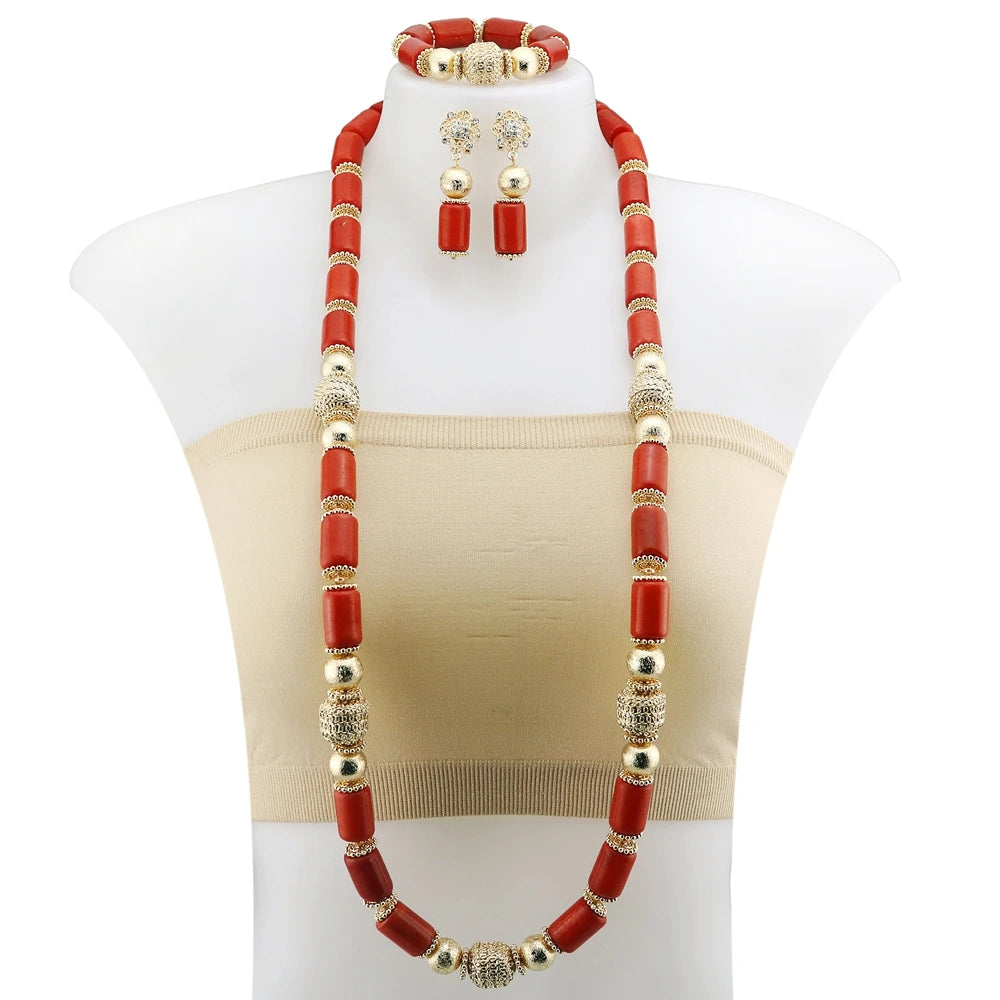 Zhuerrui Natural Coral Bead Jewelry Set Hypoallergenic Eye-catching Necklace with Gold Plated Earrings Suitable for Party YL135