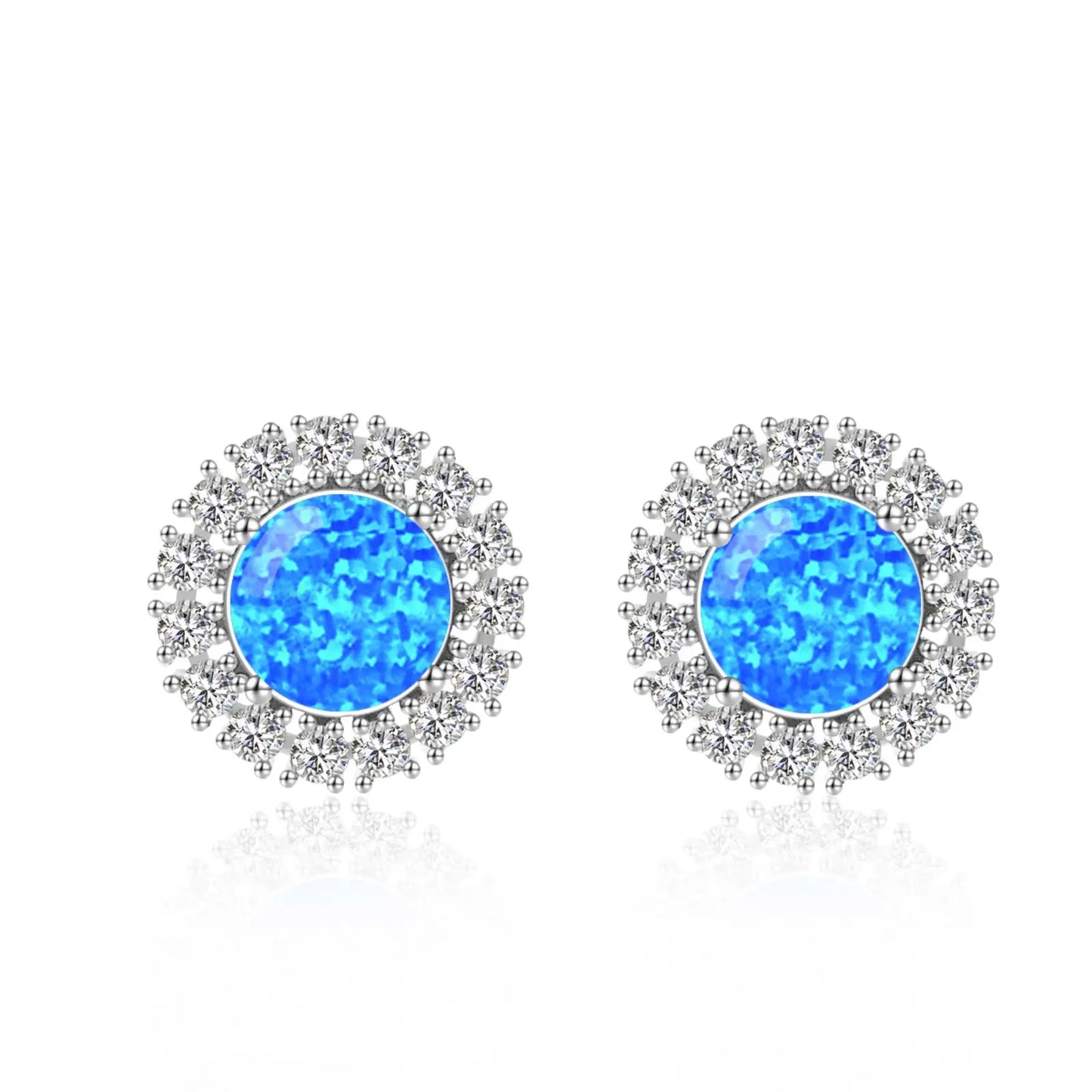 Shimmering Blue Opal Circle Earrings Aobao Surround Silver Tone Dainty Jewelry
