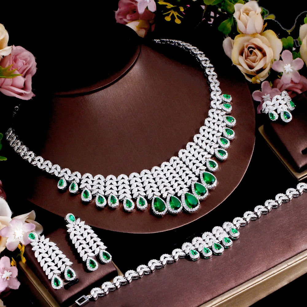 Luxury Water Drop Big Statement Jewelry Set for Women Wedding Green Cubic Zircon CZ African Dubai Saudi Arabia Bridal Jewelry