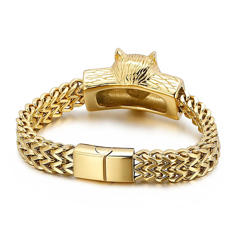 REBEL Punk Fine Jewelry Fashion Bracelets Men Stainless Steel Wolf Head Links Bracelet Bangle