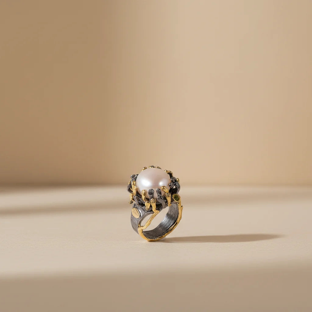 Natural Button Pearl Ring Design 2-tone Plating Silver Ring Jewelry