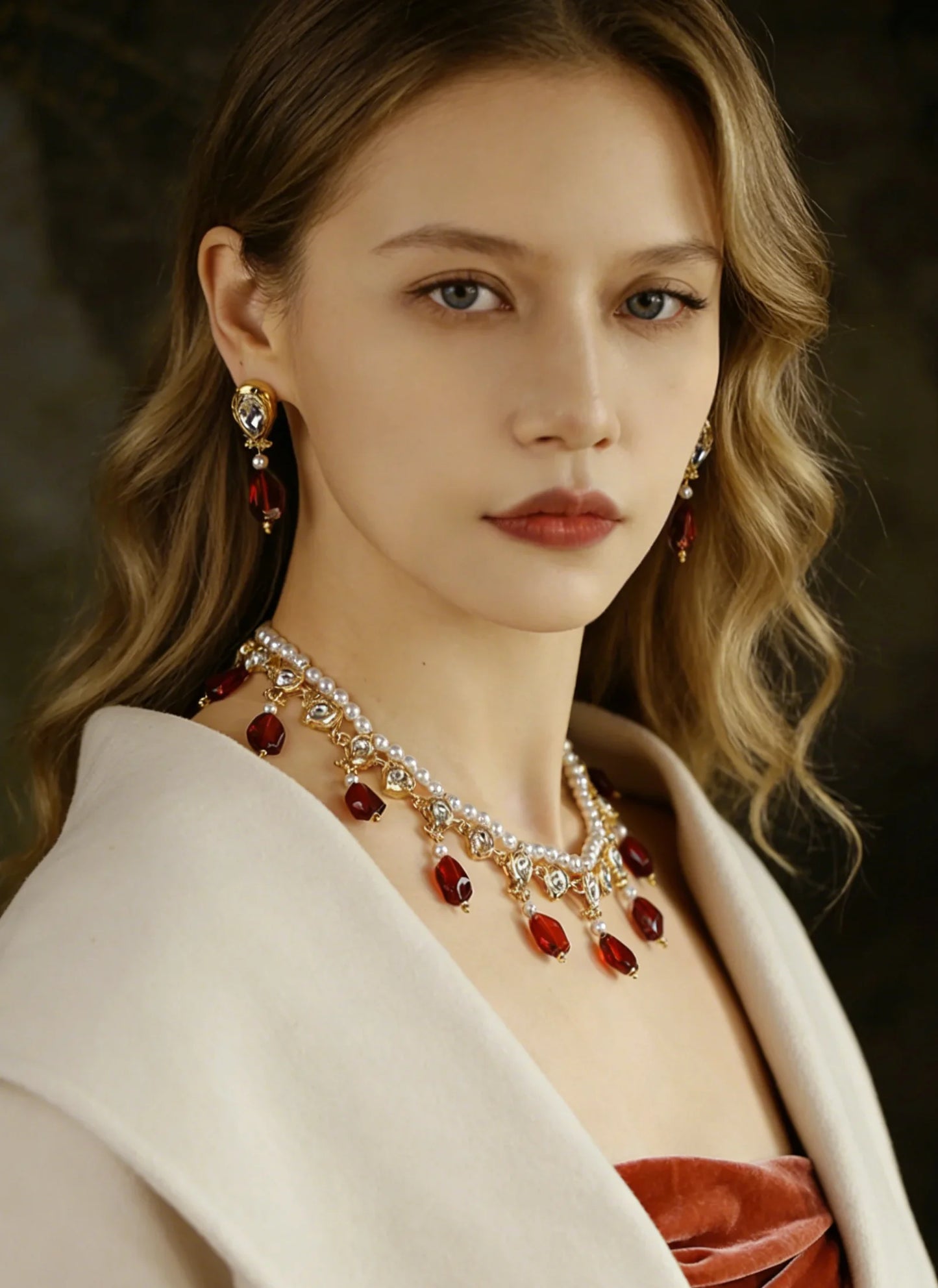 XM S140 Vintage Red Teardrop Gemstone Pearl Jewelry Set for Wedding Party and Formal Occasions