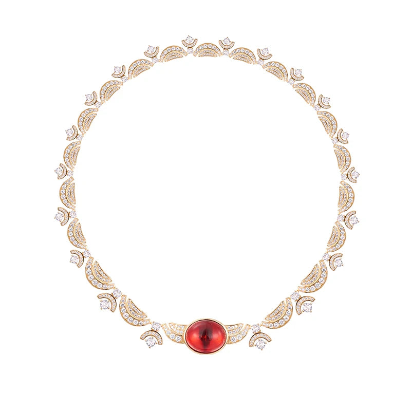 Brass Ruby Necklace Earring Rose Gold Set Anti Allergy High Quality Chain Gorgeous Women's Evening Dress Jewelry