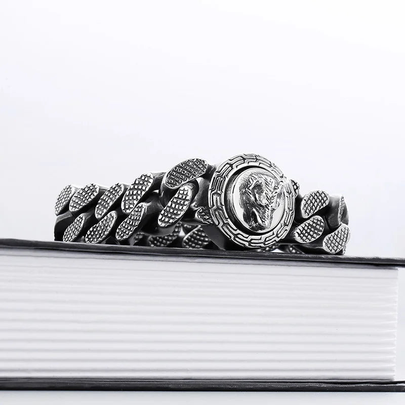 KALEN 220mm Men Punk Stainless Steel Cuban Link Bracelet With Wolf Pattern Round Clasp