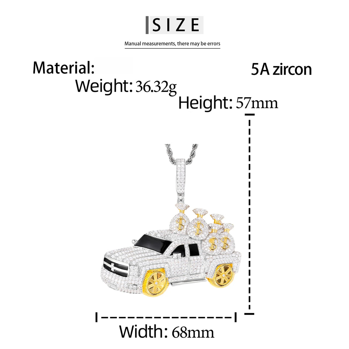 High Quality Hip Hop Jewelry 18K Gold Plated Brass AAAAA CZ Diamond Iced Out Pickup Truck Pendant with Money Bags