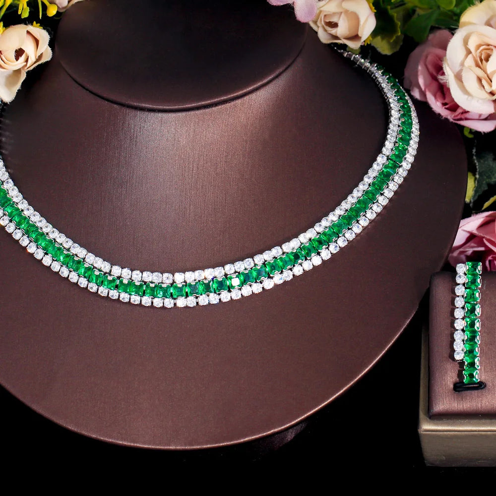 Sparkly Multiple Green Cubic Zirconia Setting Silver Plated 2pcs Bridal Wedding Event Round Necklace and Earring Jewelry Sets
