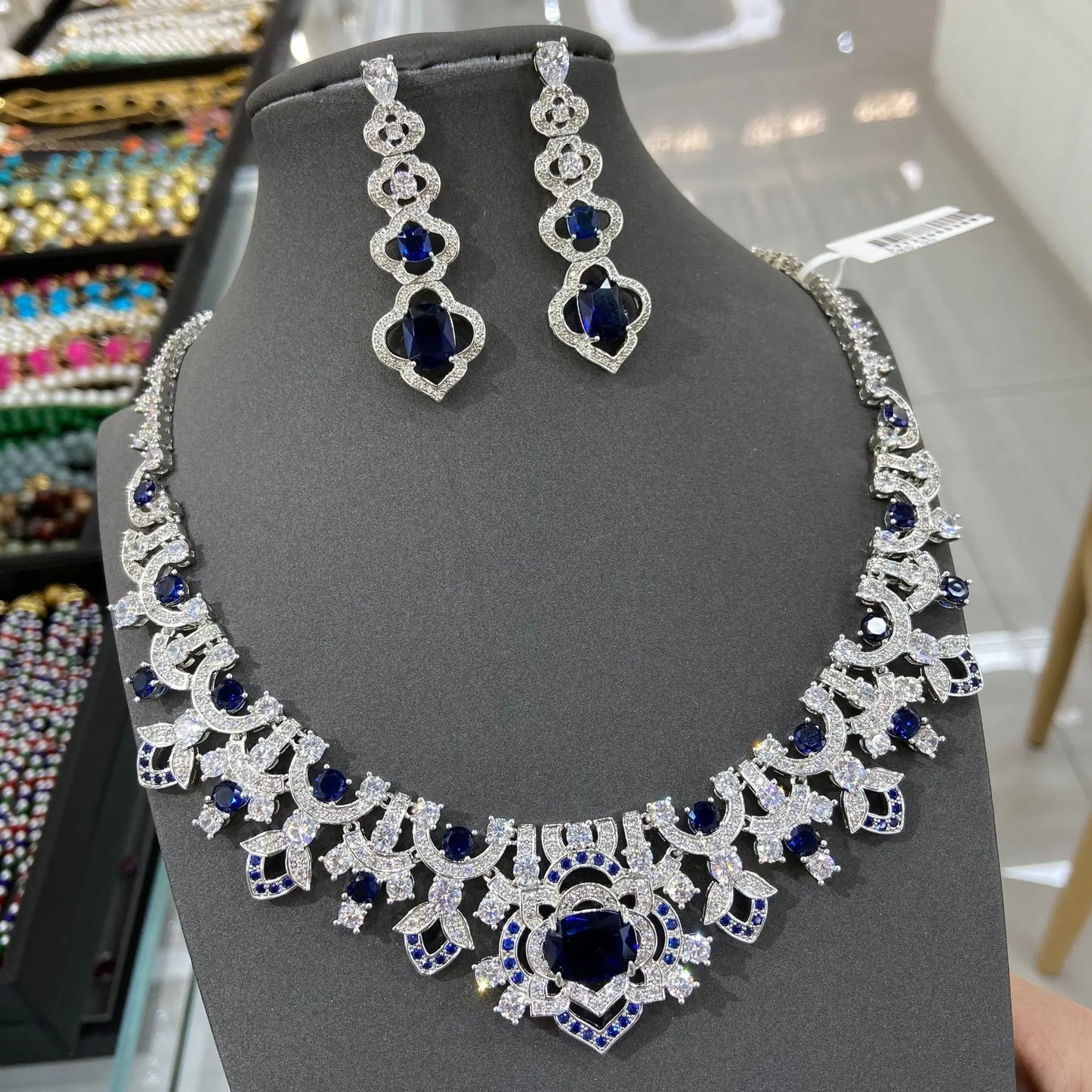 Luxury Blue Zirconia Vintage Flower Statement Necklace & Drop Earrings Set — Rhodium Plated