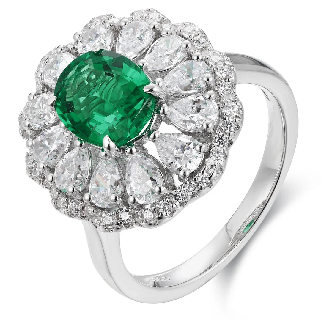 Gemfiori S925 Silver Cultivated Emerald Ring Main Stone: 1.705CT Side Stones:3.63CT Weight: 5.82g
