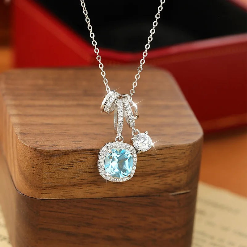Waterproof Women 925 Sterling Silver Natural Topaz Necklace Engagement Wedding Cushion Cut Pendant Chokers Jewelry Wholesale