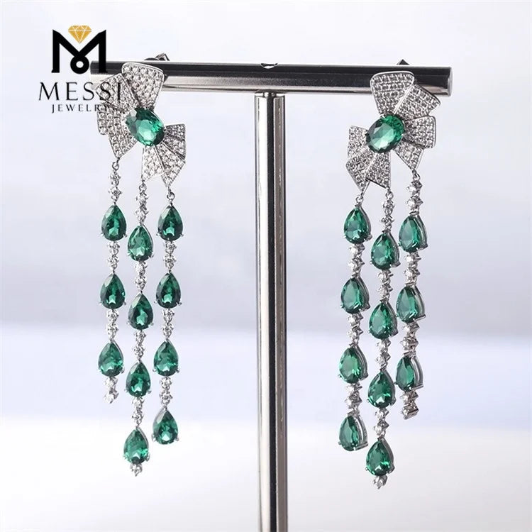 Gemfiori Messi Jewelry butterfly Knot Drop Earring With Tear Shape Emerald Tassel Earring Woman Luxury Wedding Emerald Jewelry