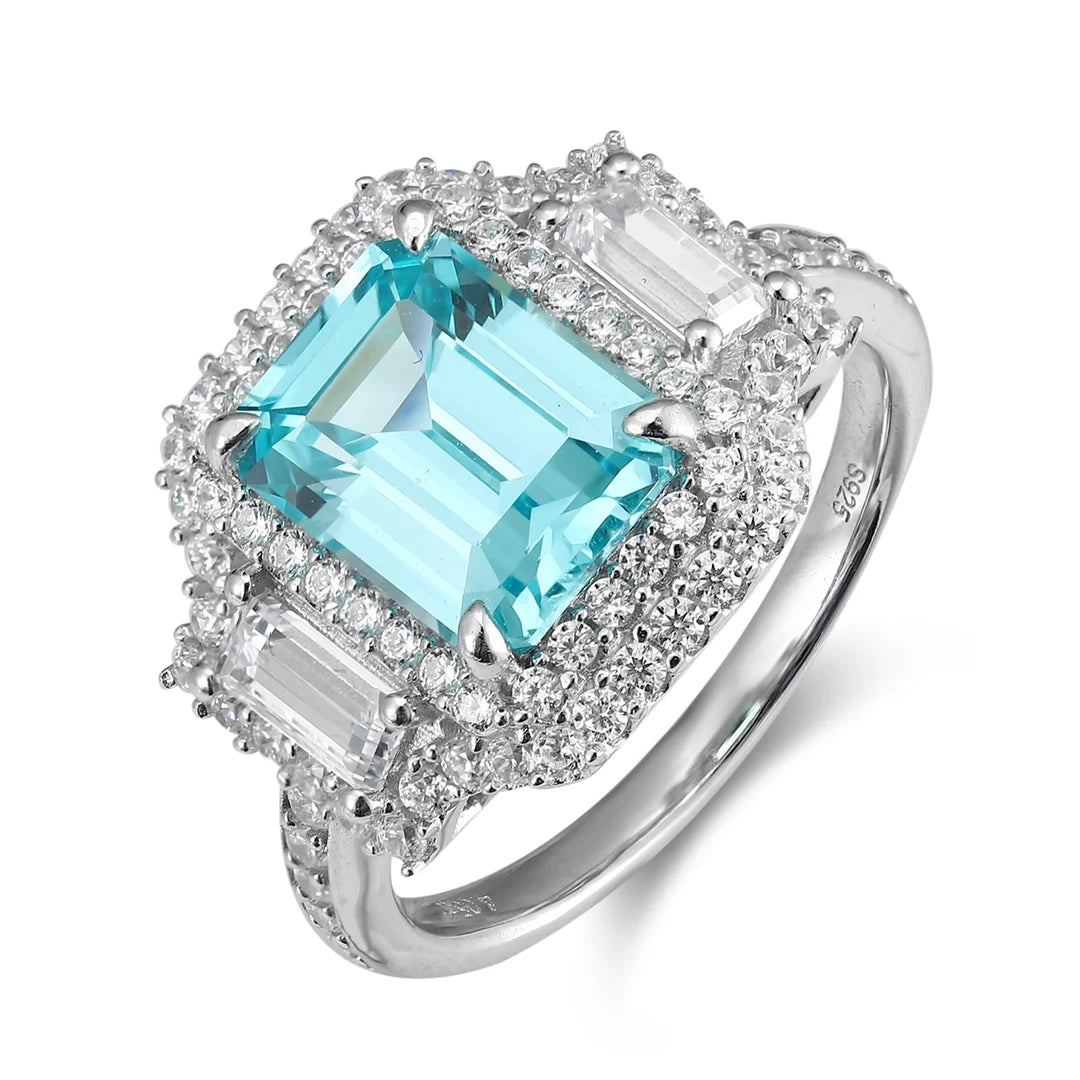 Gemfiori Vintage Lab Grown Paraiba Engagement Ring S925 Silver Rhodium Plated Prong Setting Vintage Wedding Ring for Her Charms